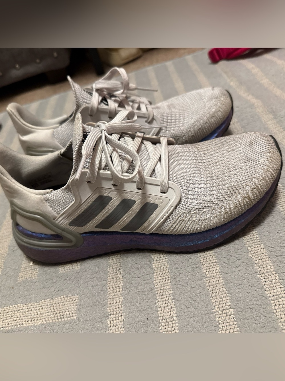 adidas Women’s Light Gray Knit Sneakers with Purple Midsole